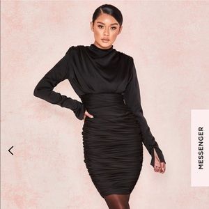 House of CB Black Satin Ruched Mini Dress